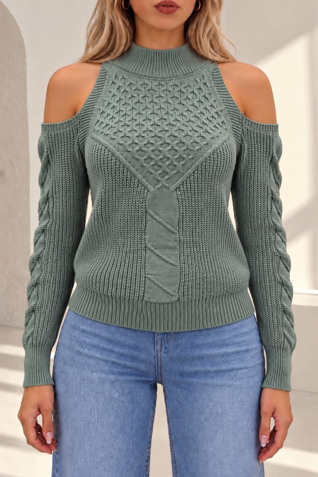 Women's Turtleneck Long Sleeve Off Shoulder Hair Braided Mint Knitwear Sweater