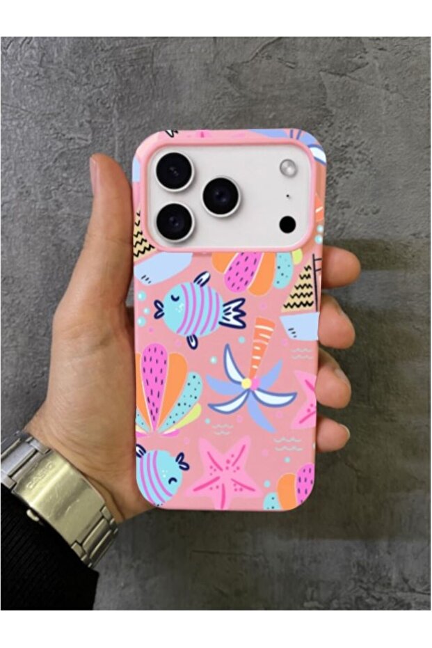 iPhone 17 Pro Max Compatible Colorful Fish, Starfish, and Palm Tree Pattern Pink Case