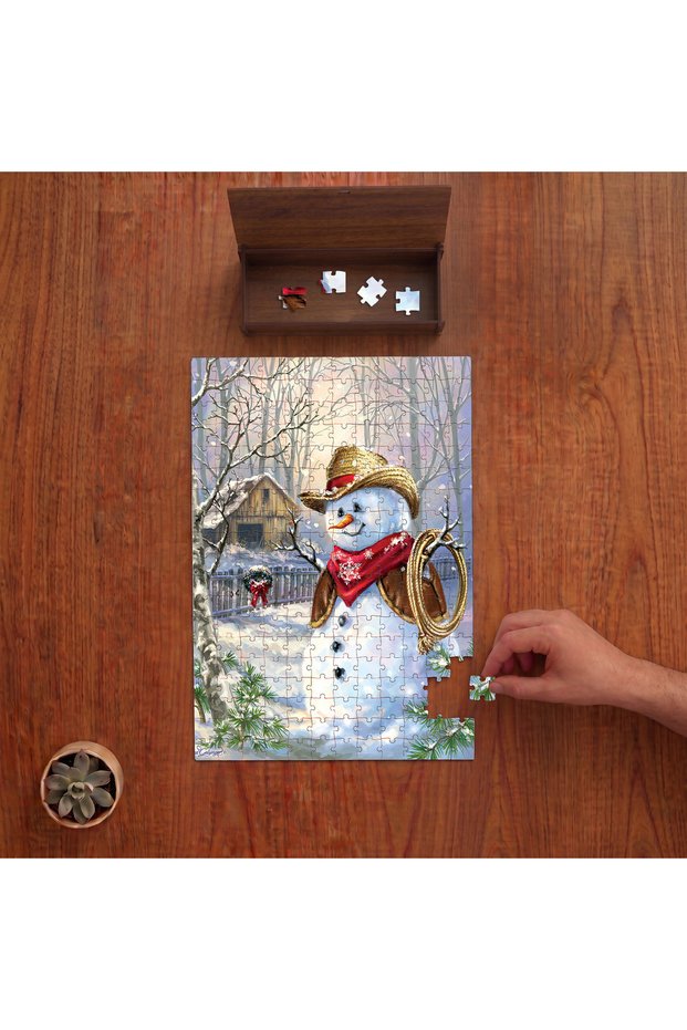 Snow Cowboy - Snowman - Winter Design 240 Piece Wooden Puzzle in Wooden Box Pd00482