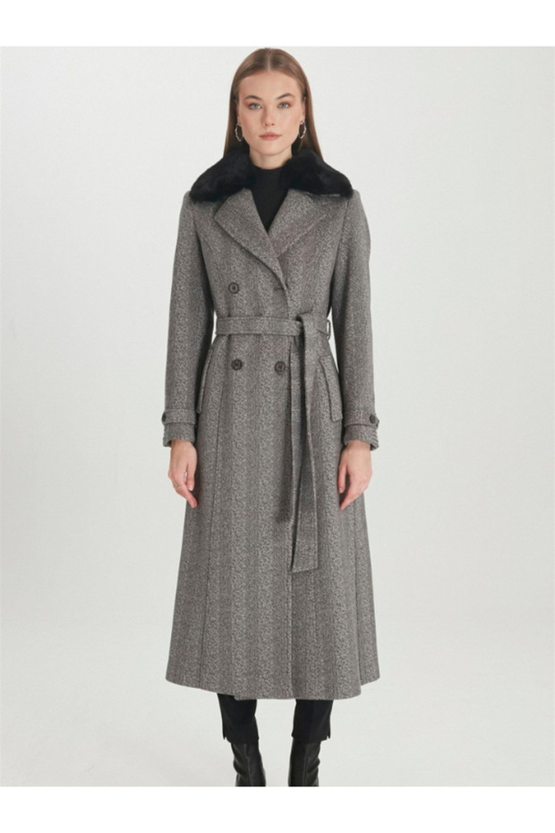 Women's Fur Detailed Double Breasted Collar Cashmere Mink Coat 13114