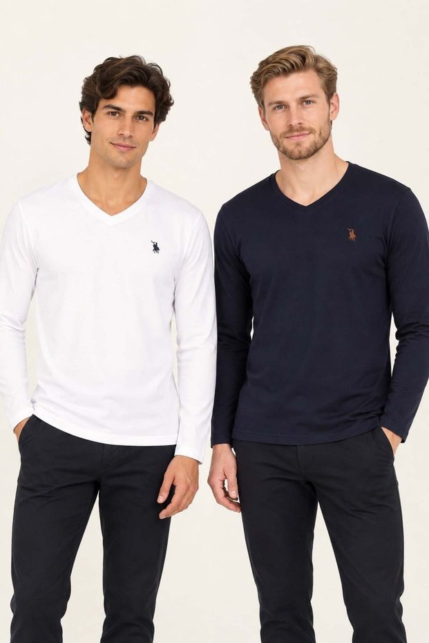 Men's V-Neck Cotton Sweatshirt Set of 2 Navy Blue-White T8587