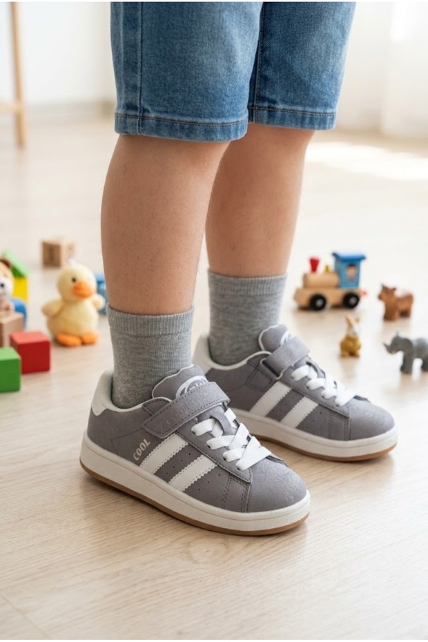 Children's Suede Look Velcro Sports Shoes with White Stripes, Comfortable Sole, Casual Sneaker, School Shoes
