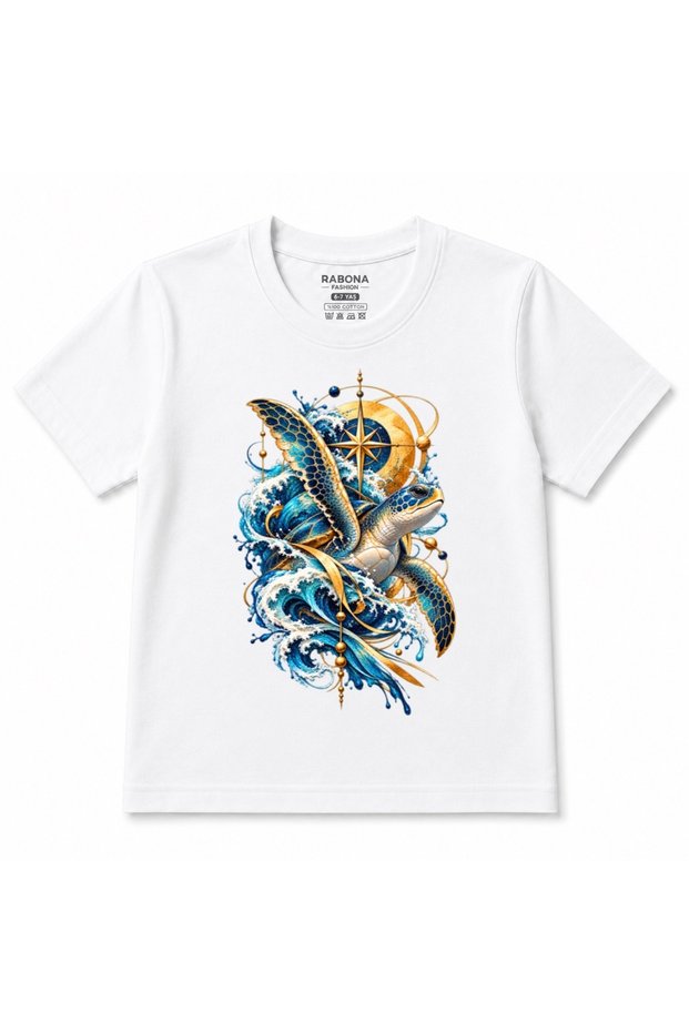 Celestial Sea Turtle - Ocean Waves & Golden Compass Graphic Kids T-Shirt