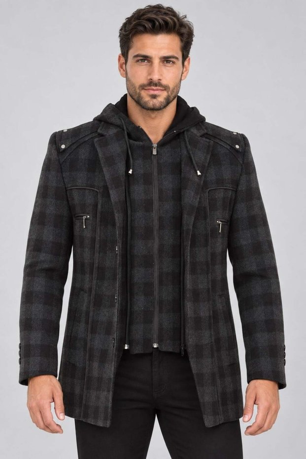 K9532 Men's Coat-Plaid Black-1
