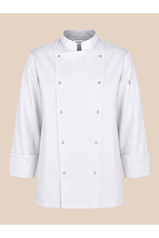 Durable Premium Alpaca Fabric Double-Breasted Women's Chef Jacket Black/White with Stainless Ring Snaps