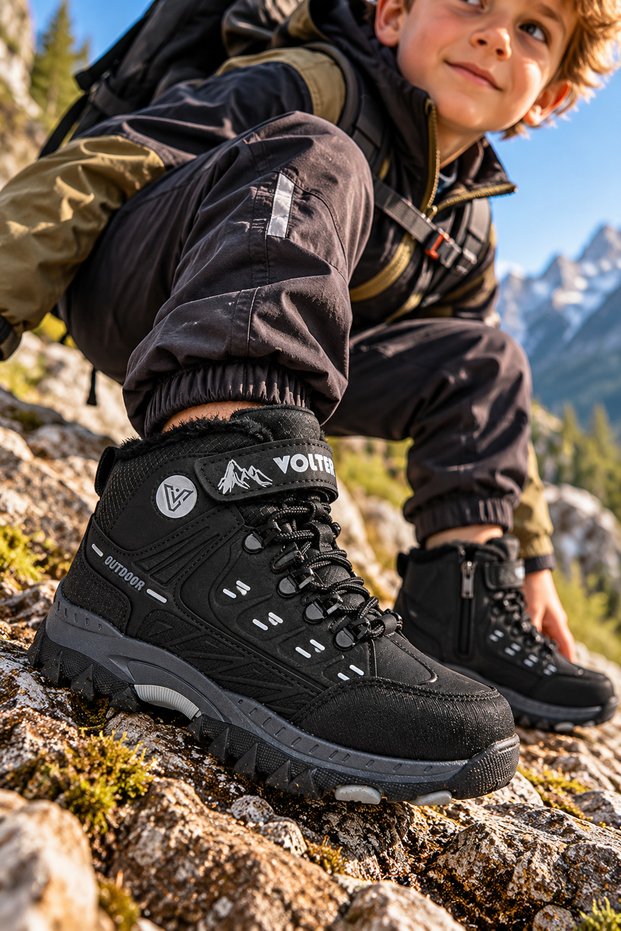 Boy's Trekking Boots Outdoor Winter Shoes Zippered Velcro Black