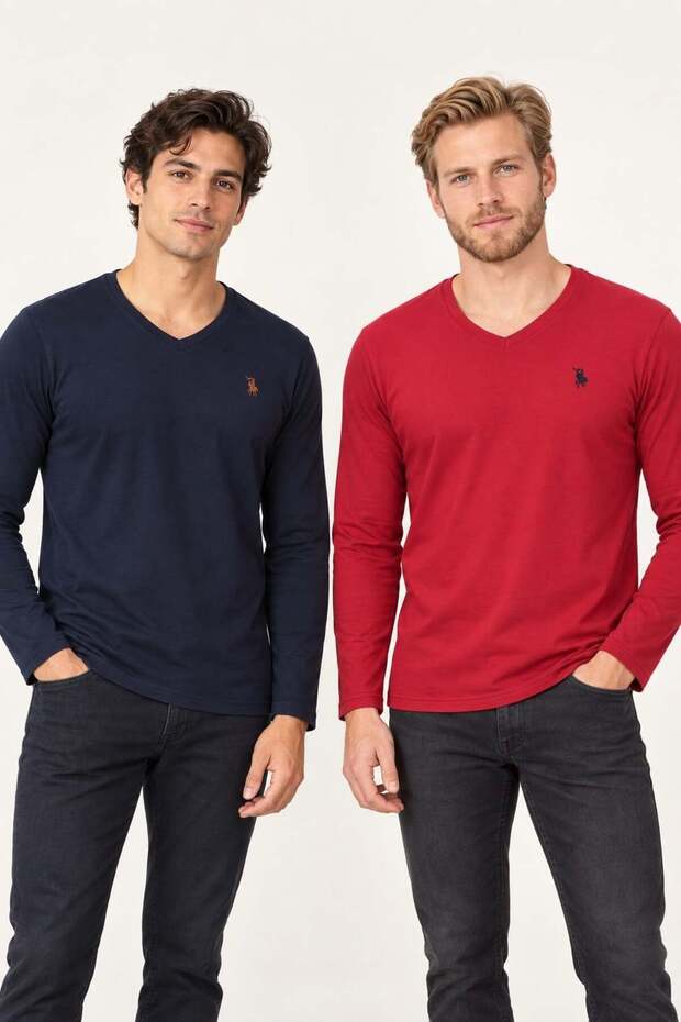 Men's V-Neck Cotton Sweatshirt Set of 2 Claret Red-Navy Blue T8587