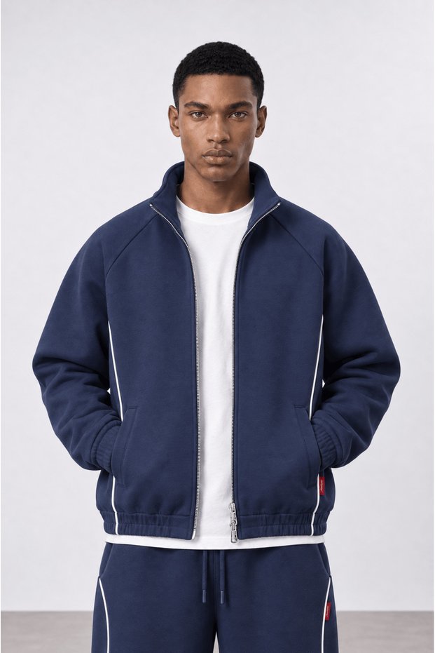 Men's Panda Oversize Zip with Piping Detail in Navy Blue