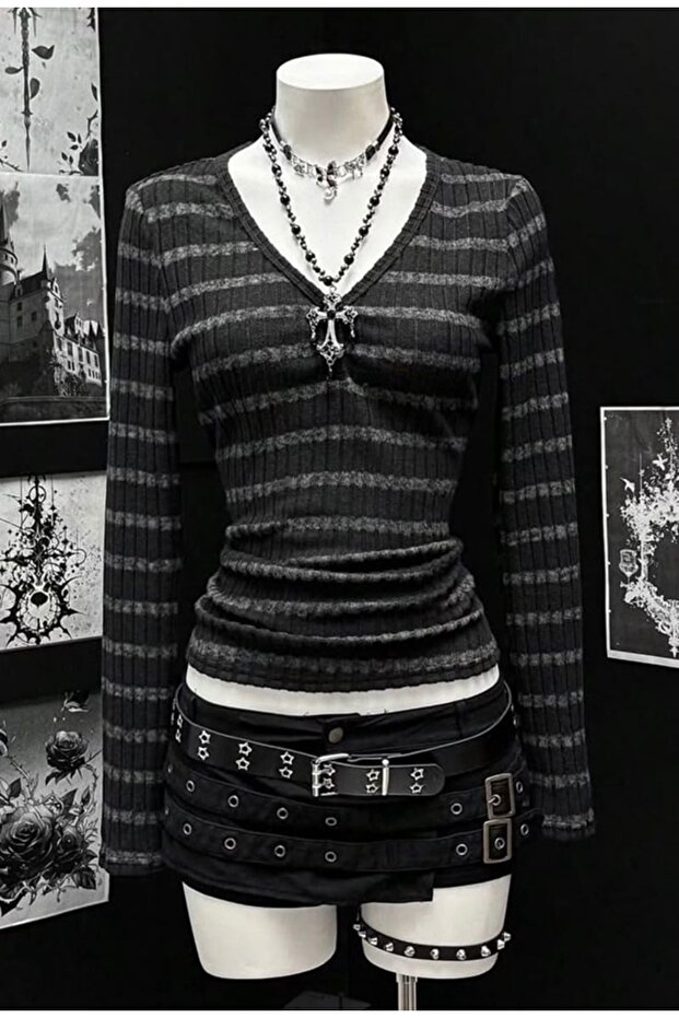 V-Neck Gray Black Striped Italian Style Long Sleeve Blouse