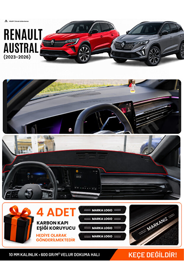 Renault Austral (2023-2026) Compatible Glove Box Cover, Glove Box Case - Black-Red - Re052