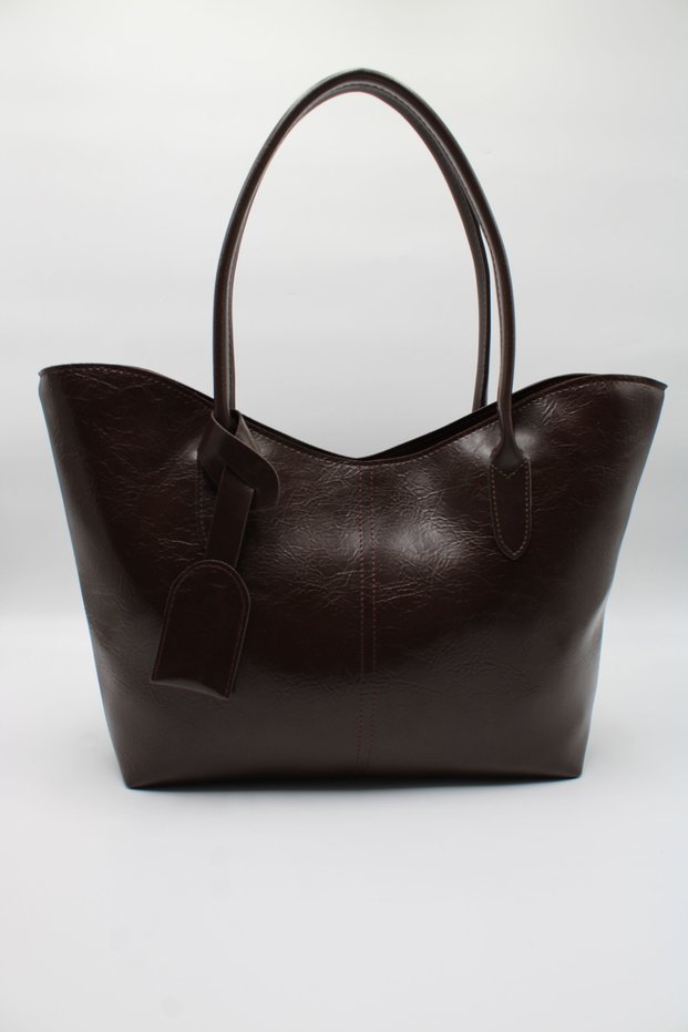 Women's Brown Large Size Leather Charm Detailed Zippered Hand, Arm and Shoulder Bag