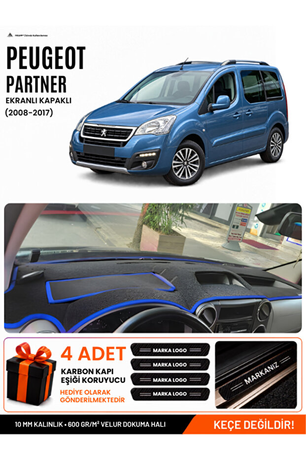Peugeot Partner Screen Covered (2008-2017) Compatible Dashboard Cover - Black-Blue - Pe022