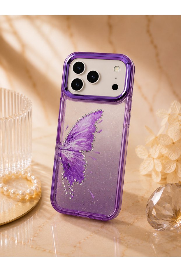 iPhone 18 Pro Max (6.9 Inch) Compatible Silvery Transparent Butterfly Patterned Color Gradient Processing Stone Detailed Metal Camera Protected Hard Silicone Butterfly Case