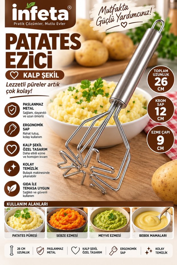 26 cm Metal Potato Masher 9 cm Heart-Shaped Mashing Head 12 cm Chrome Handle