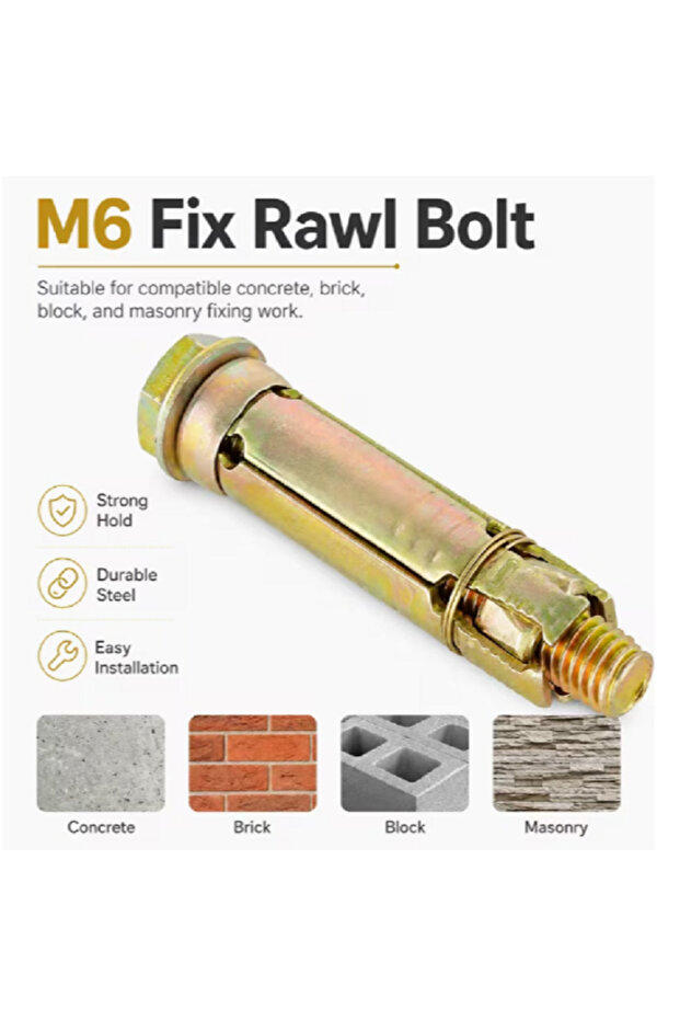 M6 Fix Rawl Bolt Gold Anchor, 100 Piece Box, Heavy Duty Expansion Bolt For Concrete, Brick, Wall Fixing, Construction & DIY Installation