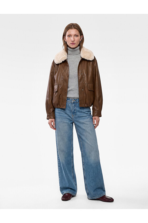 Long Sleeve Detachable Faux Fur Collar Faux Leather Jacket