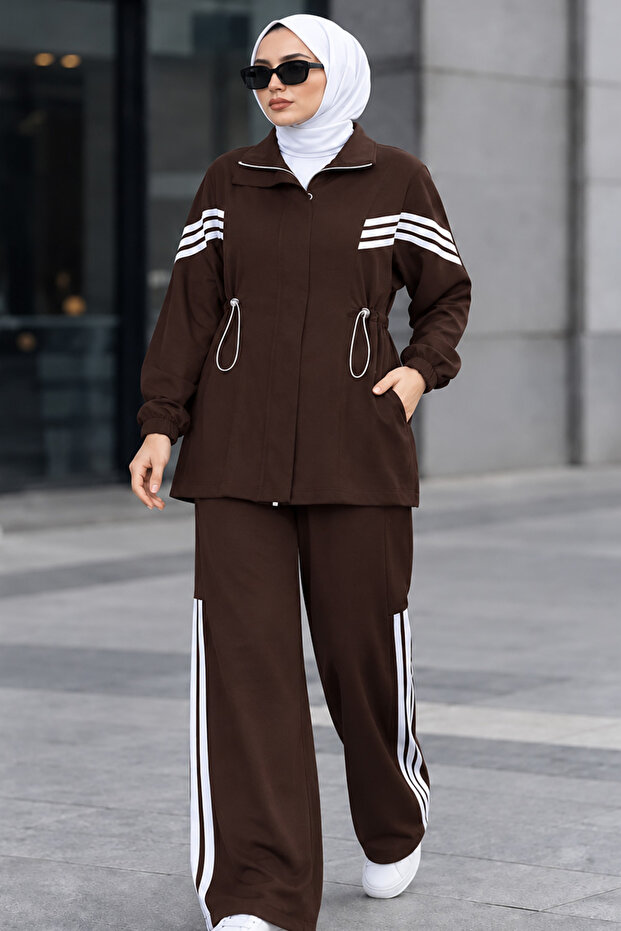 Oysho Dark Brown Hijab Pants Set with Sleeve Ribbon Detail and Pockets 10601Kkh