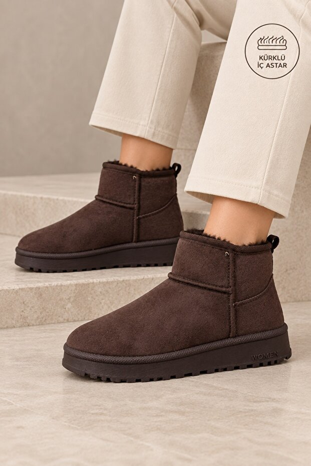 Jina Fur Inside Thick Sole Half Women's Boots Brown