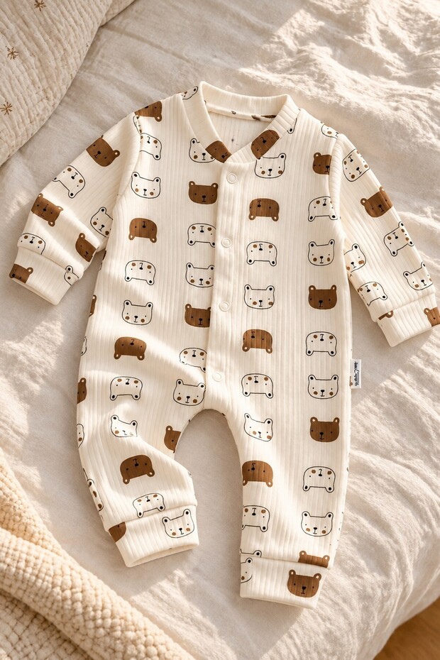 Baby Romper - Long Sleeve Snap Romper with Teddy Bear Pattern