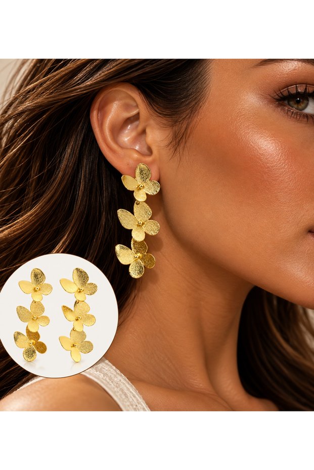 Women's Gold Floral Long Earrings – Set of 3 Stylish Dangle Earrings with Floral Motifs
