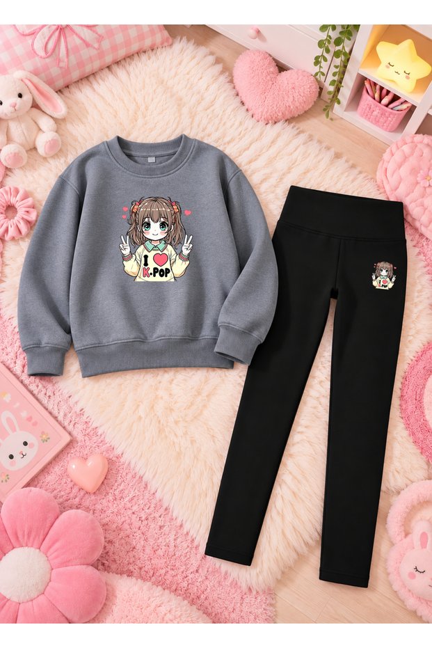 Girl's Crew Neck Sweatshirt and Skinny Leggings Set, 2-Piece Printed Top and Bottom Set