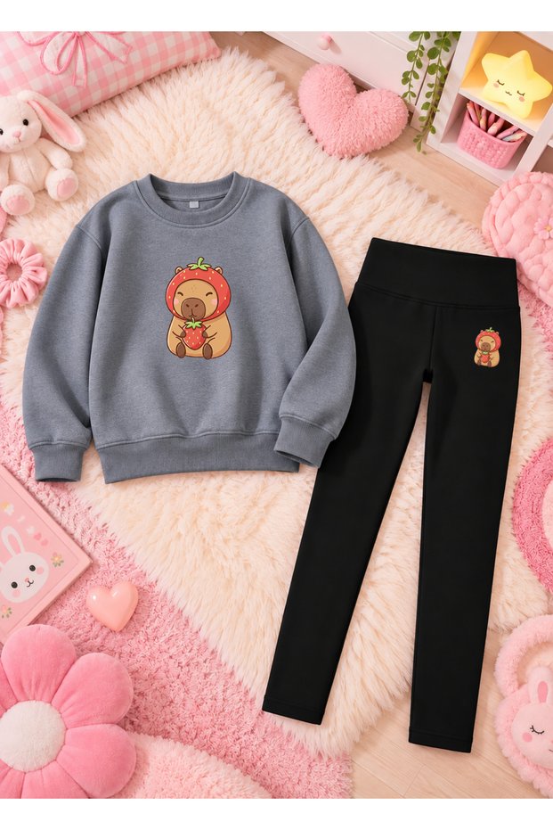 Girl's Crew Neck Sweatshirt and Skinny Leggings Set, 2-Piece Printed Top and Bottom Set