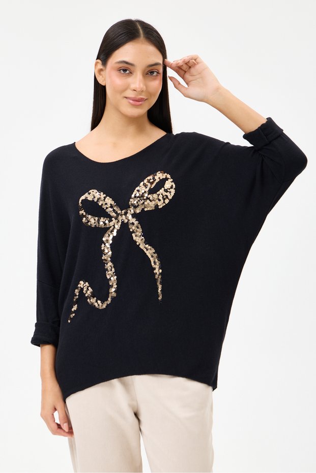 Women's Black Italian Ribbon Pattern Sequined Lycra Oversize Knitwear Sweater Size 40 - 46