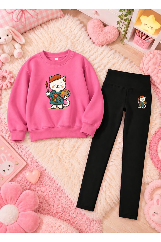 Girl's Crew Neck Sweatshirt and Skinny Leggings Set, 2-Piece Printed Top and Bottom Set