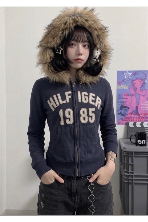 Navy Blue 1985 Y2K Vintage Crop Furry Hooded Sweatshirt