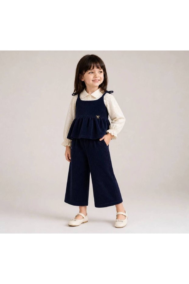 Girl's Cotton Navy Blue Velvet Trousers, Tie-Up Sweater and Scallop Detailed Shirt 3-Piece Set