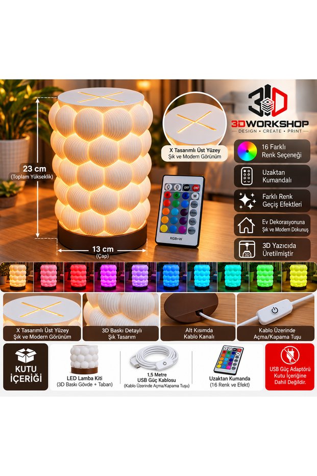 Decorative 3D Printing Led Table Lamp – 16-Color, Remote-Controlled, Usb-Powered Night Light