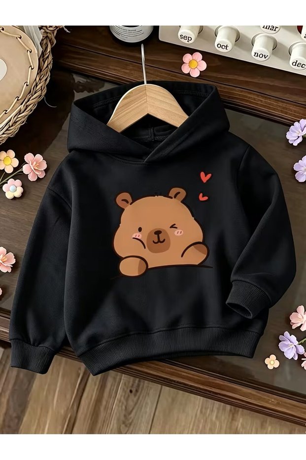 Girl's Capybara Heart Printed Cartoon Cute Hooded Spring Autumn Sweatshirt