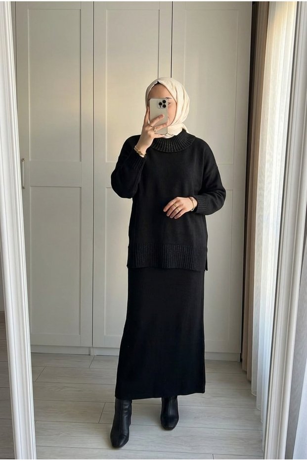 Women's Silvery Turtleneck Knitwear Tunic Long Skirt Two-Piece Set