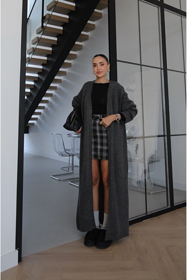 Anthracite Wool Textured Long Cardigan