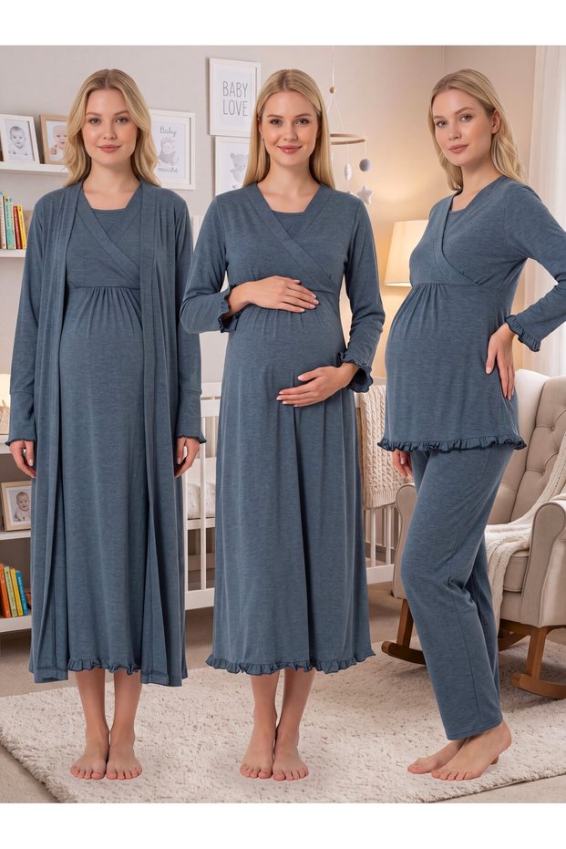 New Season Women's Indigo Double-Breasted Collar Special Design Long Sleeve 100% Cotton Maternity Maternity Dressing Gown Nightgown Pajama Set