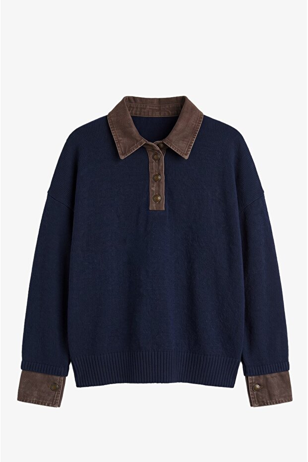 Navy Blue Sweater with Denim Detail on the Collar and Sleeves