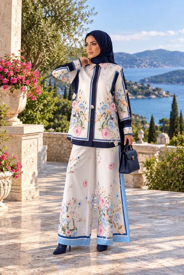Floral Patterned Linen Hijab Double Set (Shirt & Pants) - 25042