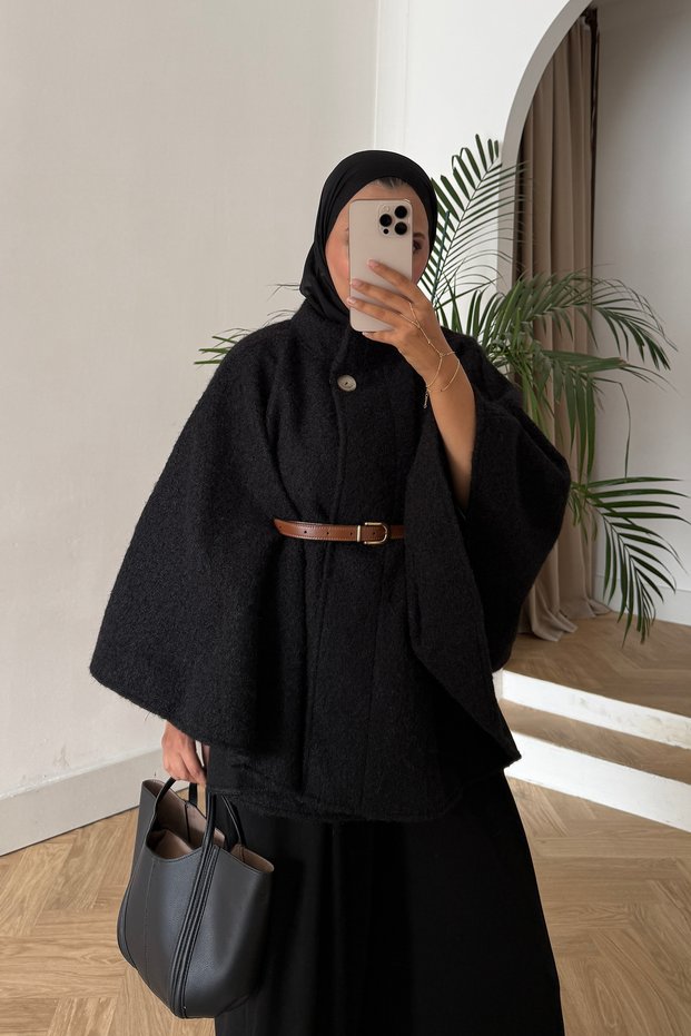Belted Single Button Detailed Oversize Women's Winter Modest Poncho