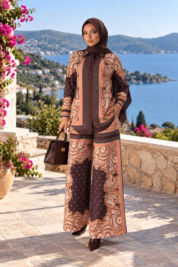 Floral Patterned Linen Hijab Double Set (Shirt & Pants) - 25042