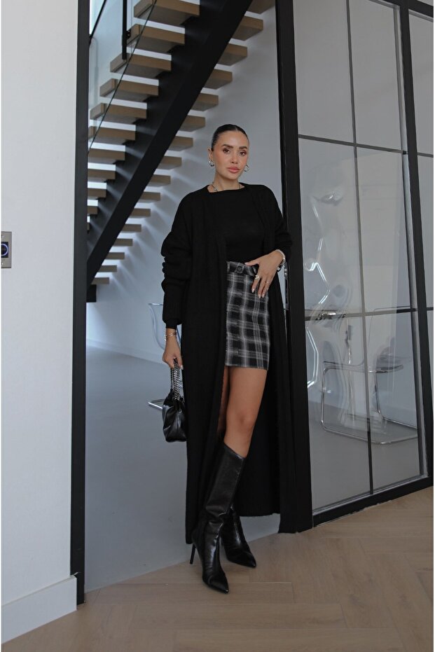 Black Wool Textured Long Cardigan