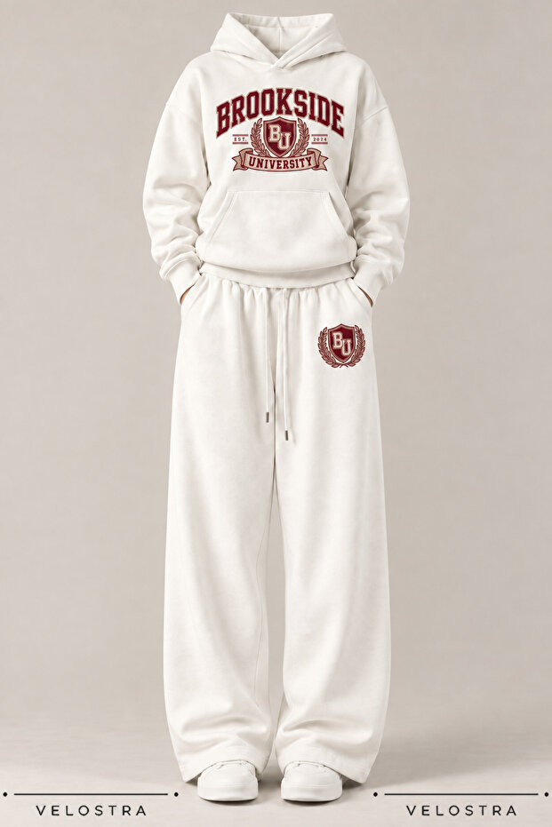 Daily Brookside Printed 100% Cotton Comfortable Winter Thick Bottom Top Hooded Wide Leg Sweatpants Set