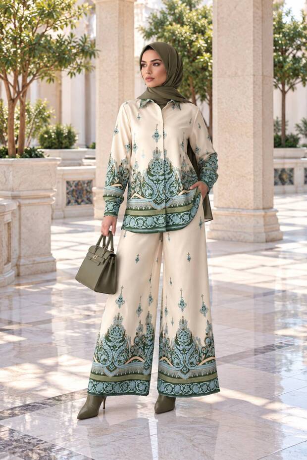 Floral Patterned Linen Hijab Double Set (Shirt & Pants) - 25042