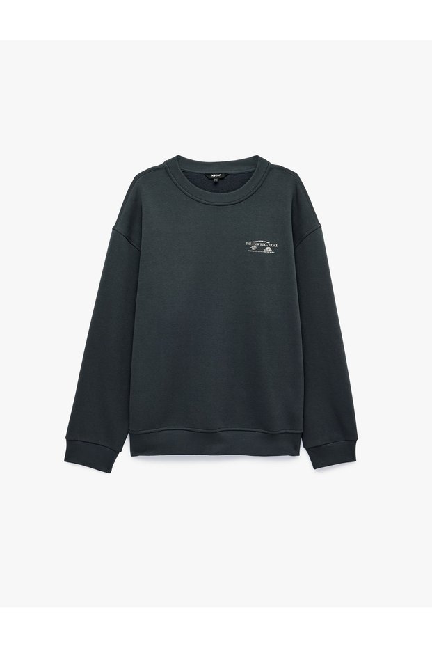 Three Threaded Ribbed Comfortable Fit Crew Neck Long Sleeve Sweatshirt with Printed Back