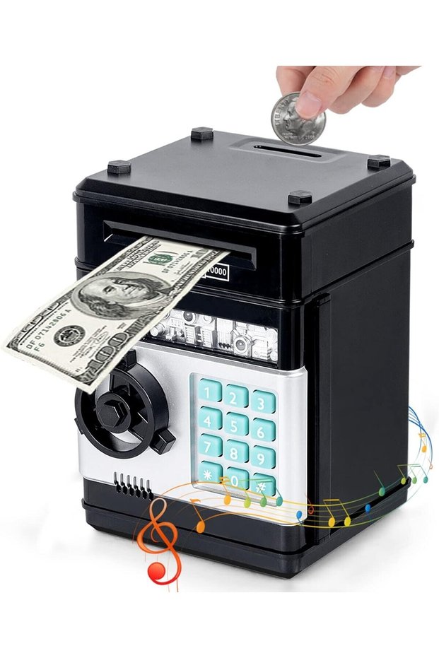 Automatic Password-Protected Black Atm Piggy Bank Safe Black