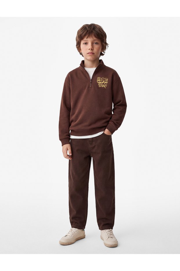 Printed Half Zipper Fleece-Lined Long Sleeve Mock Neck Sweatshirt