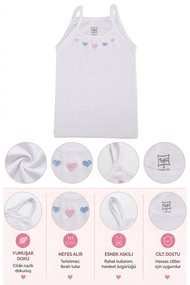 Girl's White Embroidered Tank Top with String Straps, Pack of 6