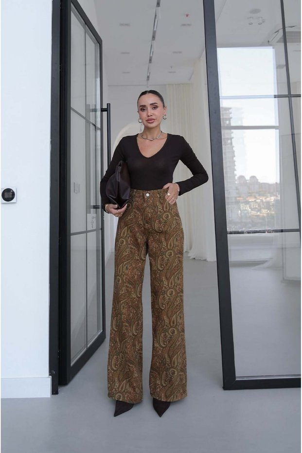 Khaki Shawl Patterned Straight Jeans