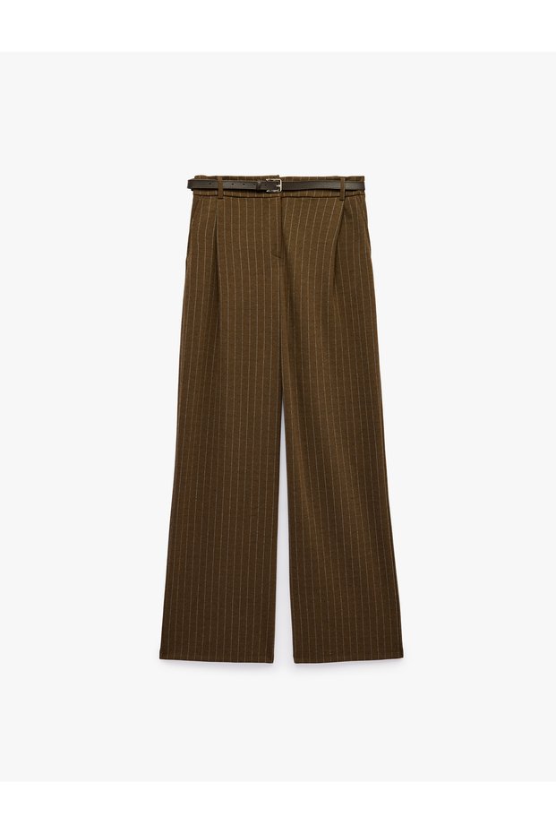 Regular Waist Pocketed Belted Wide Leg Pleated Striped Trousers