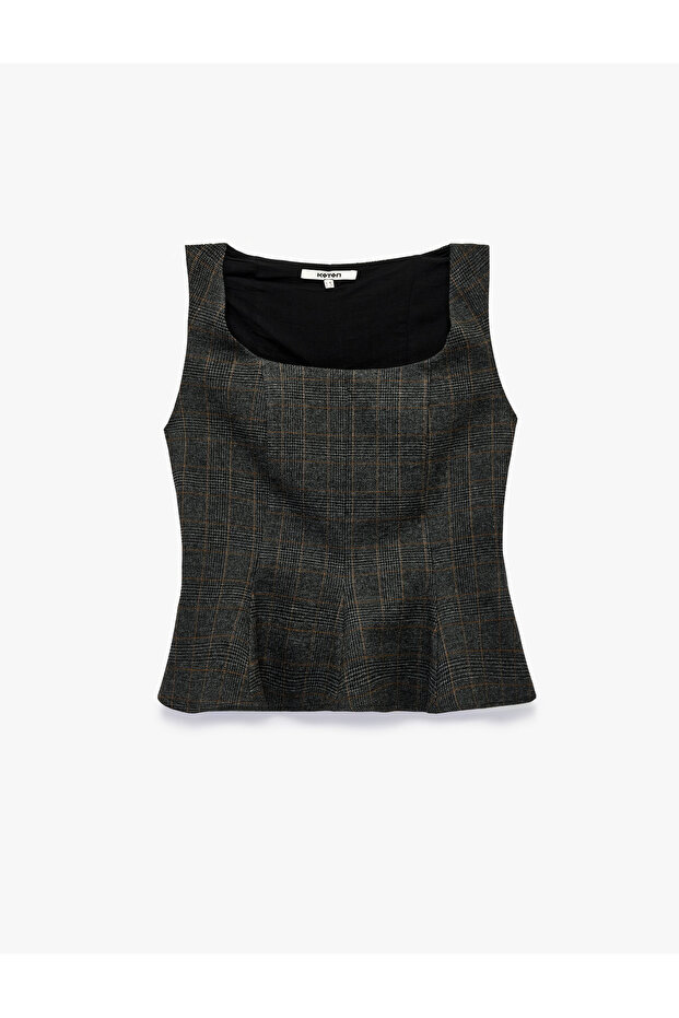 Peplum Cut Sleeveless Square Neck Sleeveless Plaid Blouse