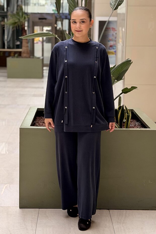 Pants Suit with Eyelet Detail on the Front and Lace-Up Detail